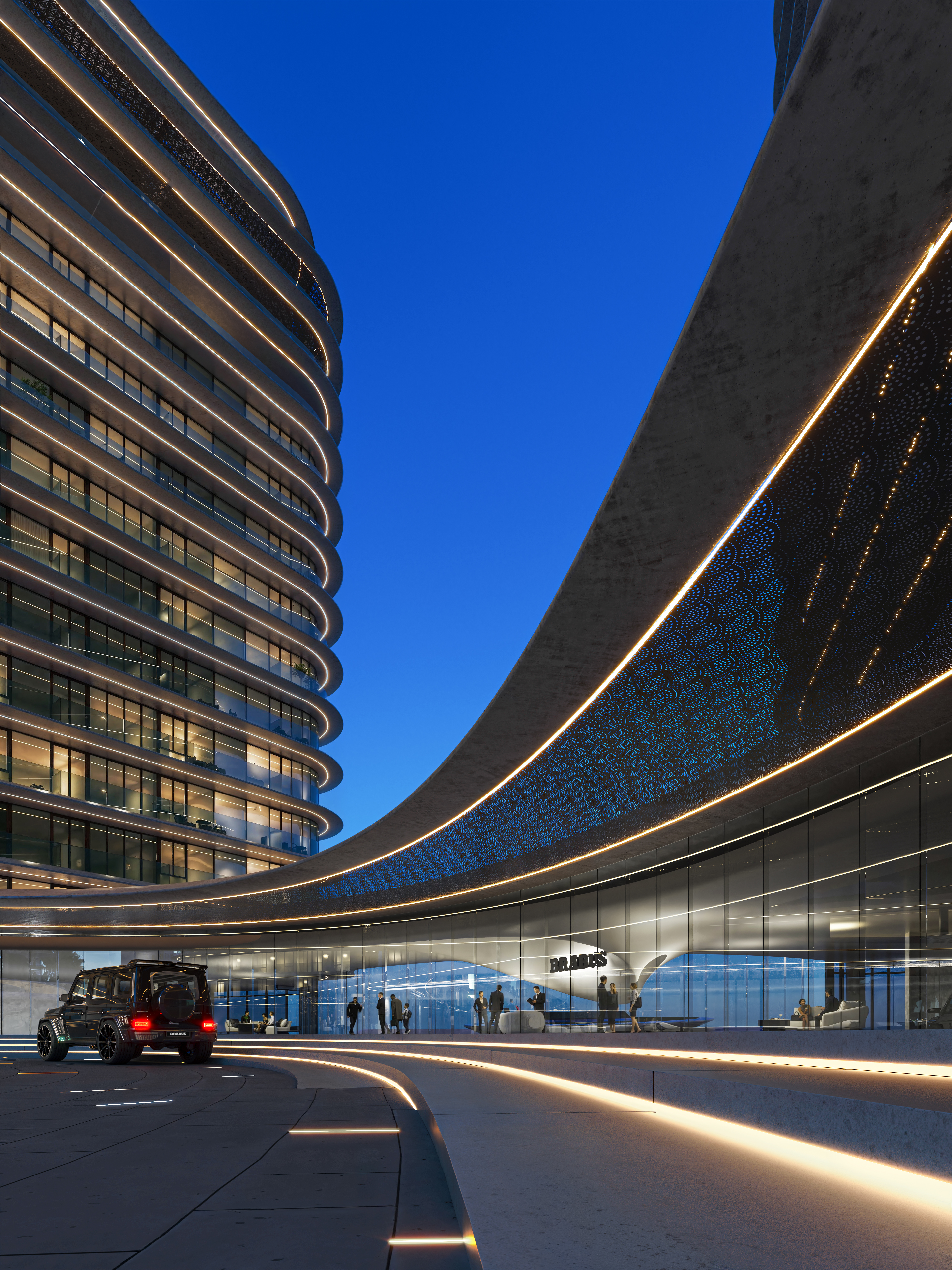 Modern luxury apartment building exterior with geometric lines and waterfront views